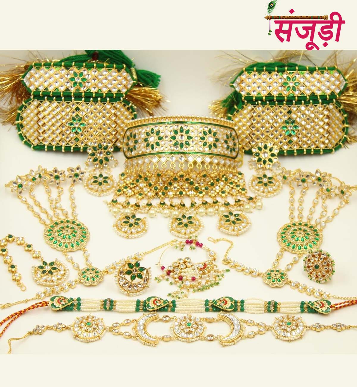 green kundan rajputi bridal set