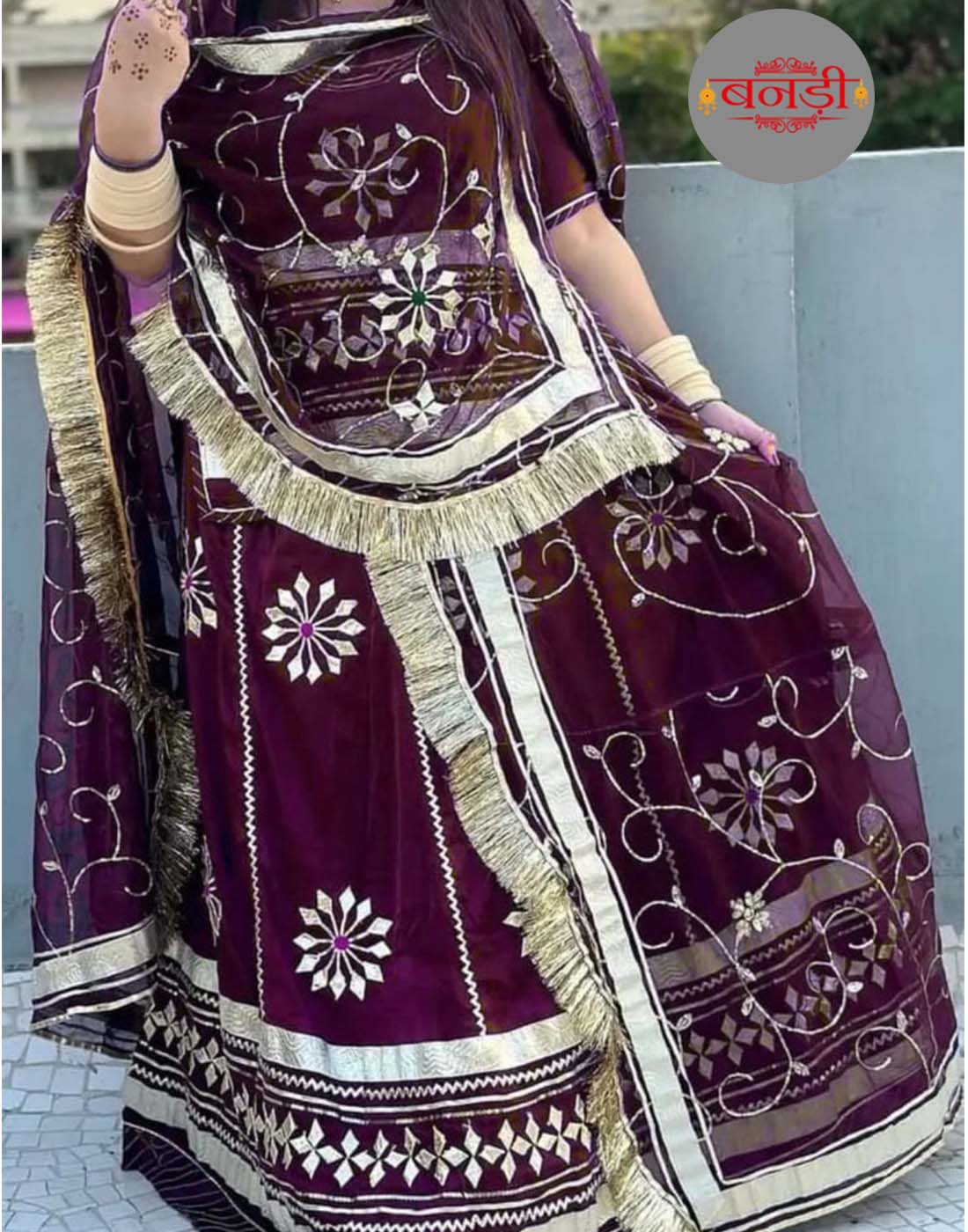 Wine Color Rajputi Satin Suit with Lace and Zari Work