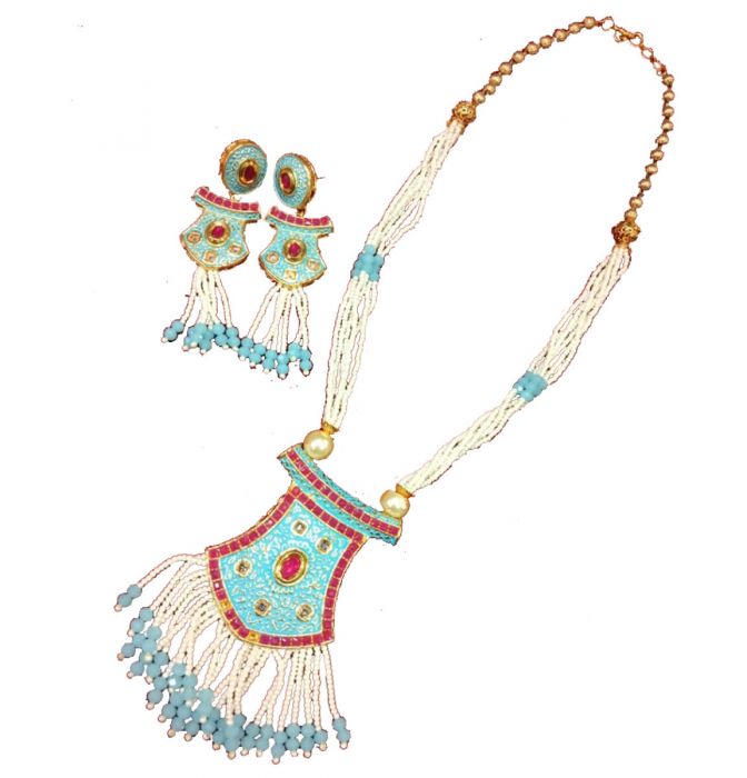 Sky Blue Color Pendant Set with White and Golden Pearl Mala