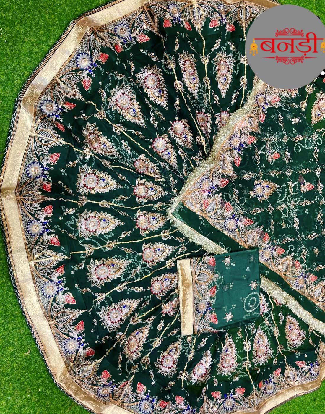 Green Designer Poshak with 5 Meter Lehenga