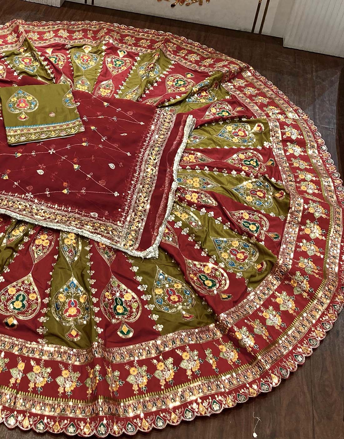 Designer Poshak in Maroon and Mehandi Green