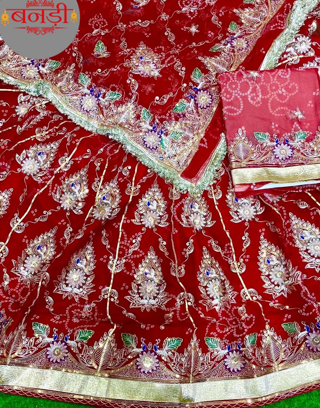 Red Designer Poshak with 5 Meter Lehenga