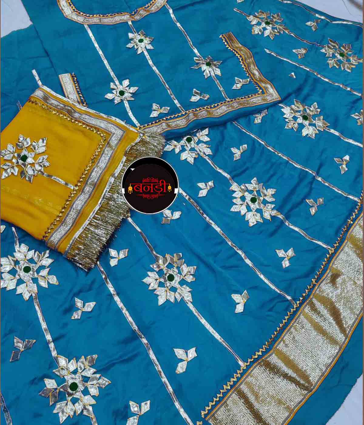 Rajputi Poshak with Peacock Blue Lehenga and Yellow Odhani