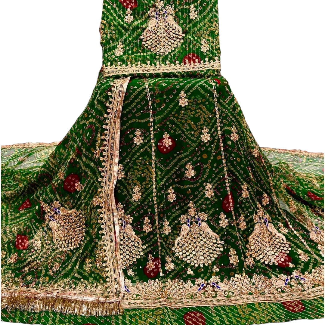 Green Bandhani Rajasthani Poshak with Kundan, Mor Design 