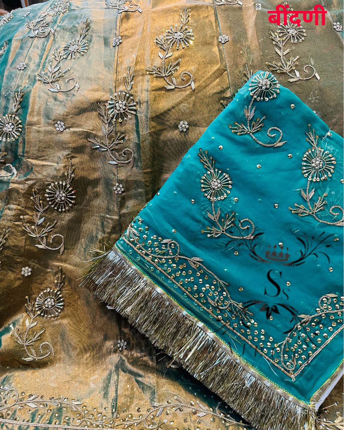 Bindani Heavy Tissue Poshak with Firozi Blue
