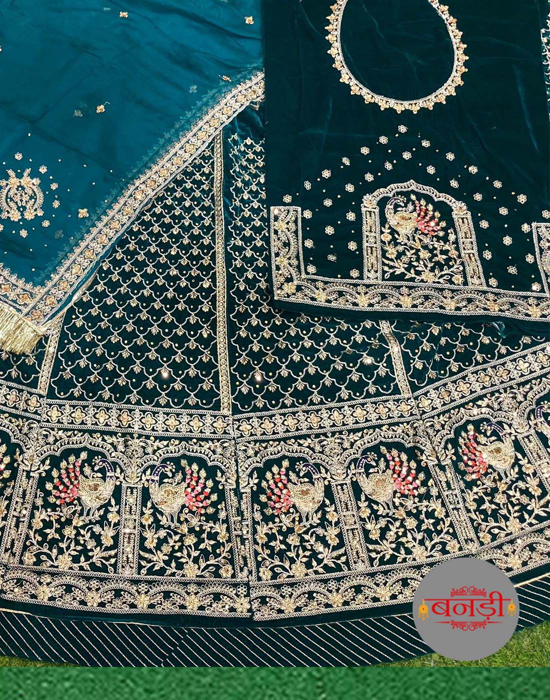 Velvet Poshak in Rama Green Color