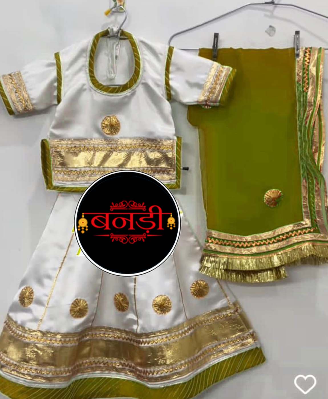White and Mehandi Green Color Rajputi Poshak for Baby Girl