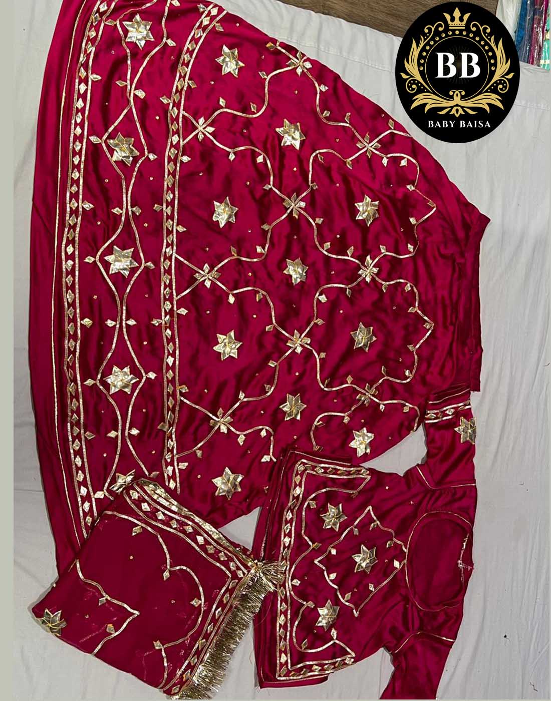 Maroon Satin Poshak with Gota Patti Jaal Work