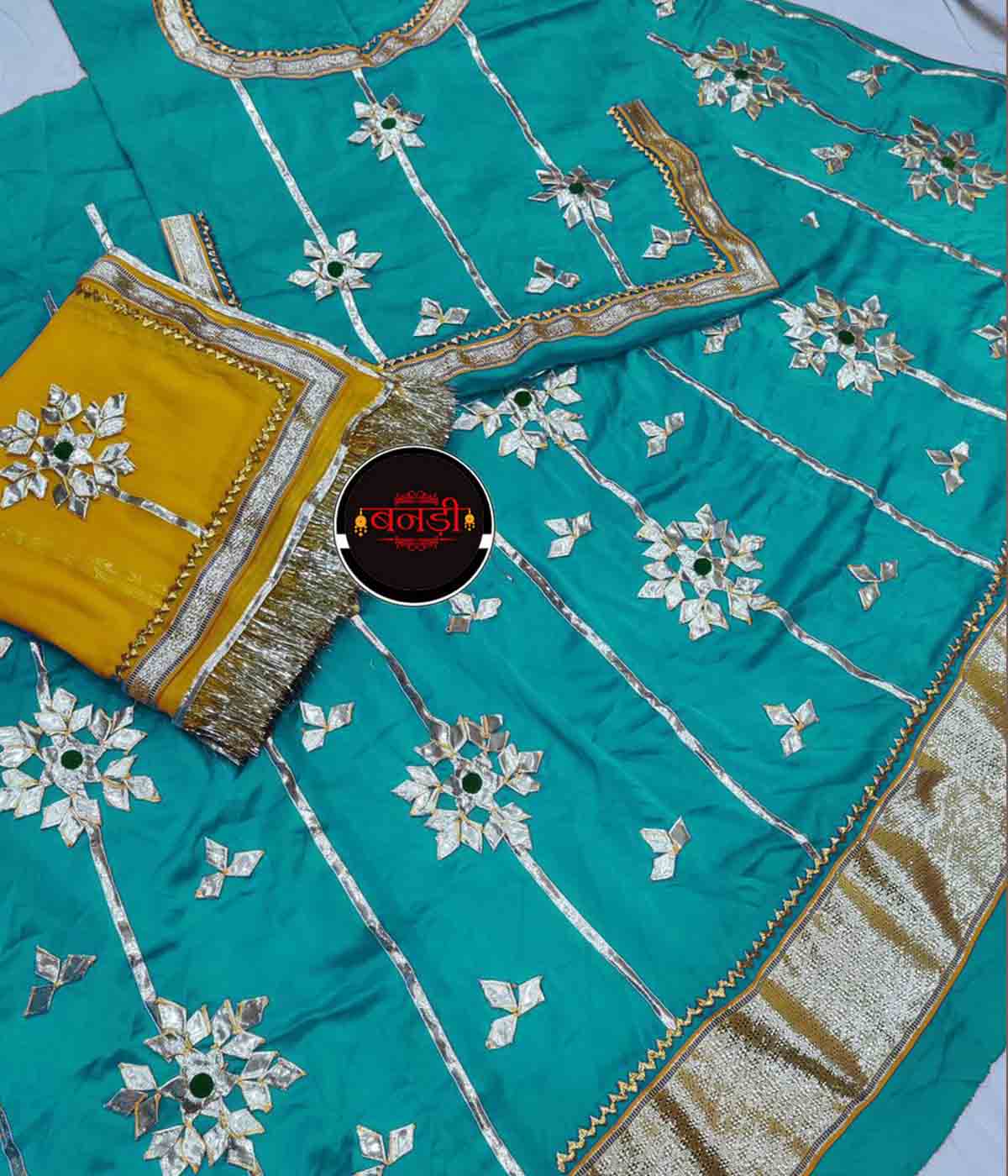 Satin Poshak with Firozi Blue Lehenga and Yellow Odhani