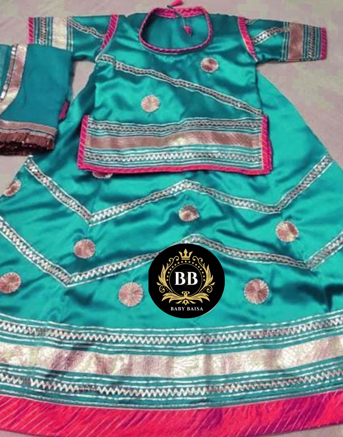 Chote Baisa Poshak in Firozi Blue Color with Pink Magji