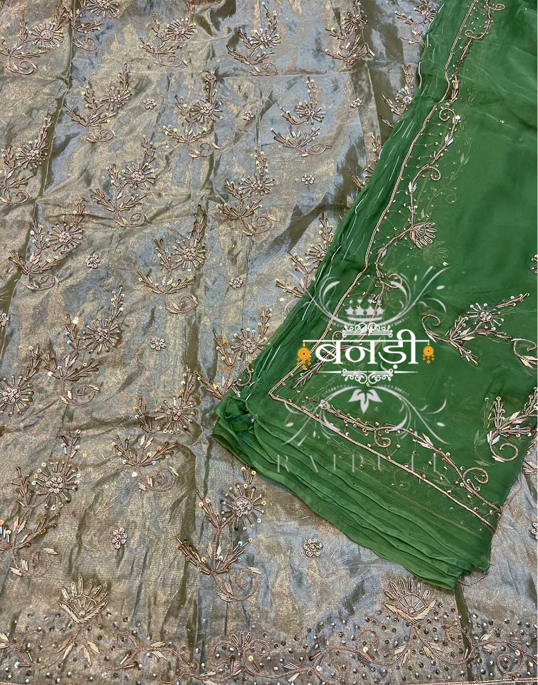 Tissue Rajasthani Poshak in Green Color with Heavy Dabka Work