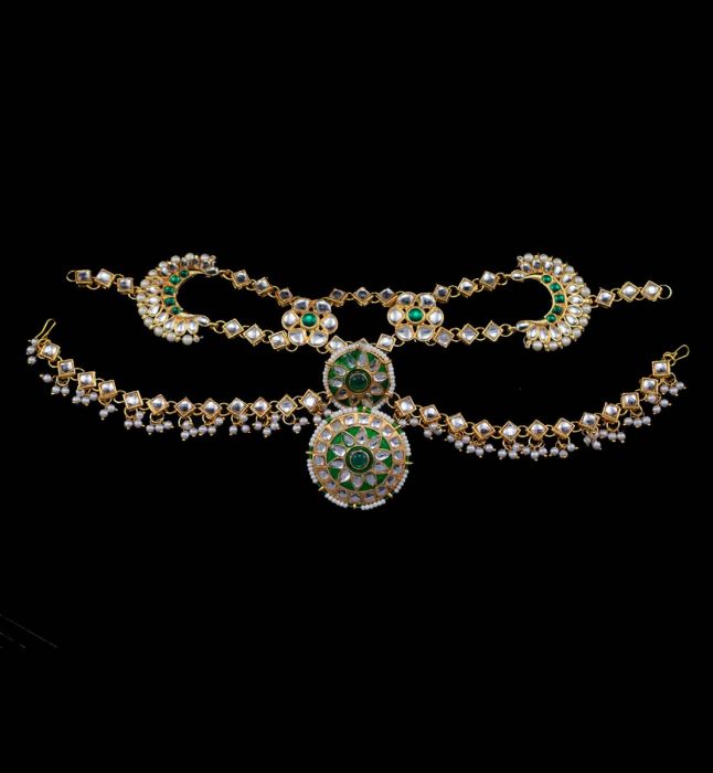 Green Color Double set Borla Matta Patti with Meena Work