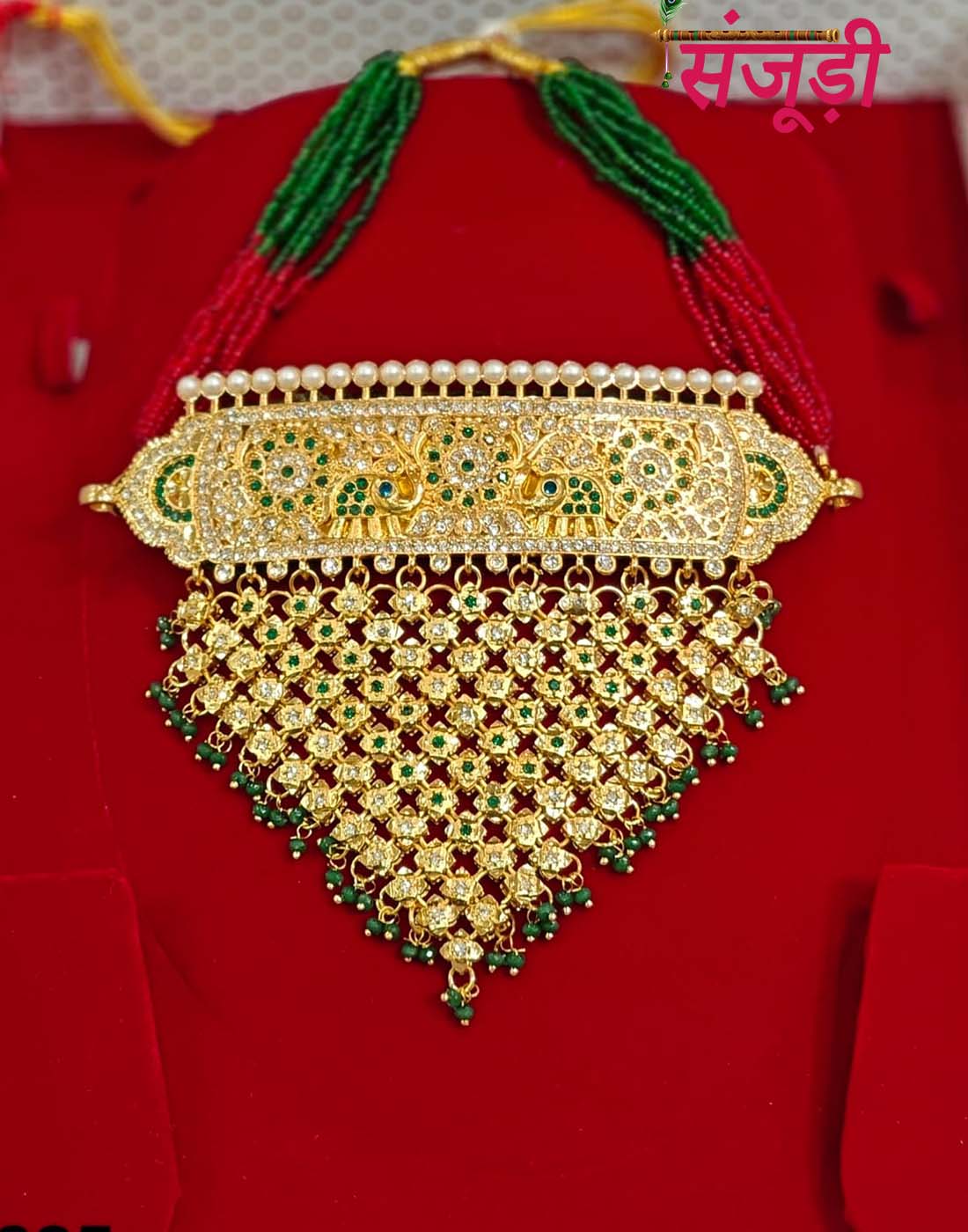 Rajputi Aad with Traditional Red and Green Pearl Work
