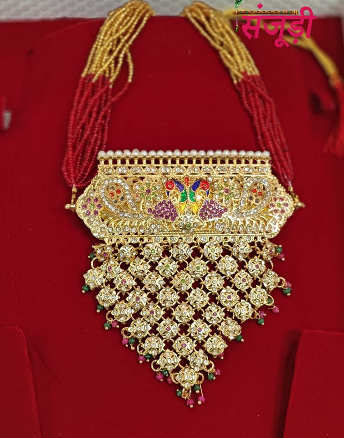 Rajputi Multicolor Aad with Red and Golden Pearl Work