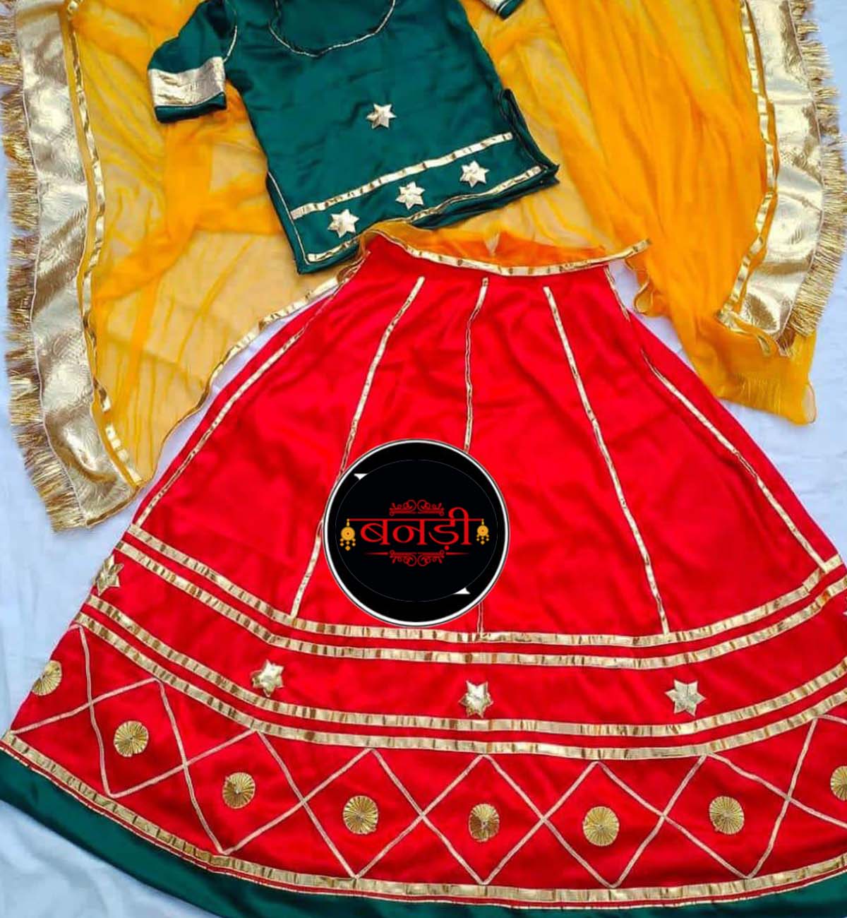 Yellow and Green Shaded Party Wear Rajasthani Poshak at Beendani Store
