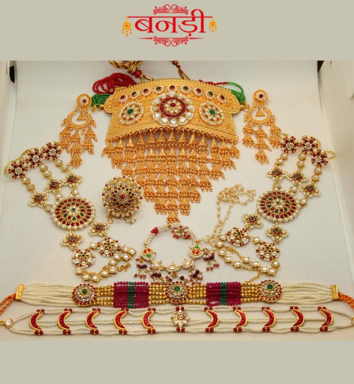 Red Rajputi Jewelry Set with Artificial Golden Aad