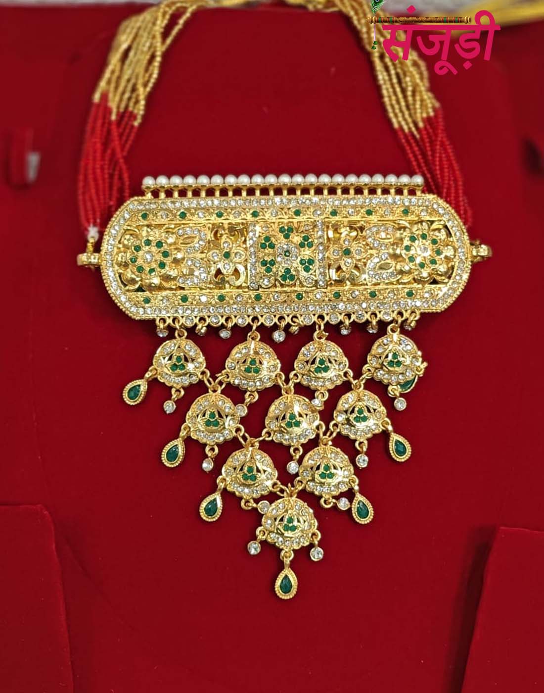 Green Rajasthani Aad with V Shape Latkan 