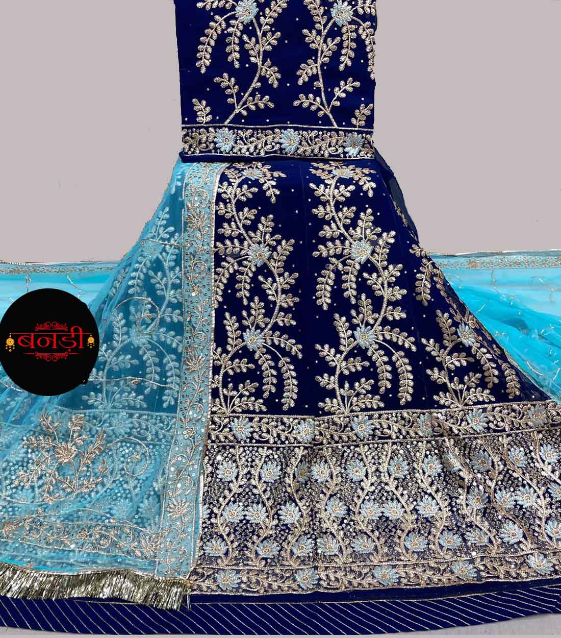 Royal Blue Poshak with Contrast Light Firoji Odhani