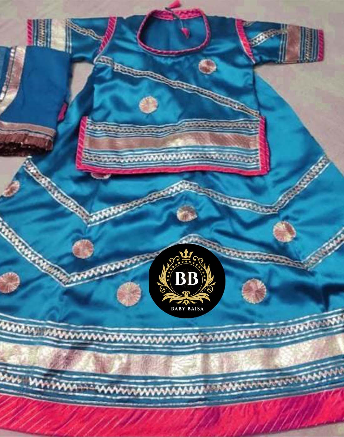 Chote Baisa Poshak in Peacock Blue Color with Pink Magji 