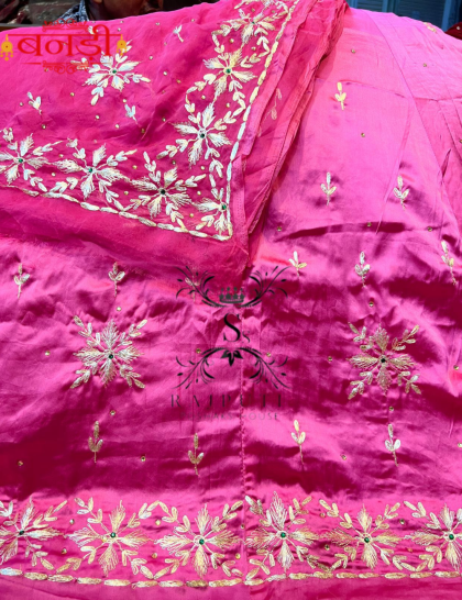 light pink satin rajputi poshak with hamrahi odhani 
