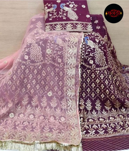 rajputi poshak in purple color with light pink odhani contrast combination