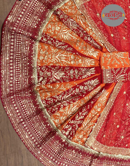 multicolor poshak in orange and maroon with 7 meter gher lehanga
