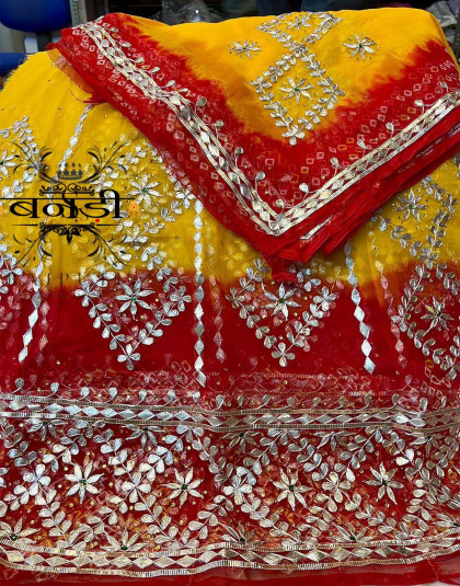 rajputi poshak in piliya print with gota patti chauras design
