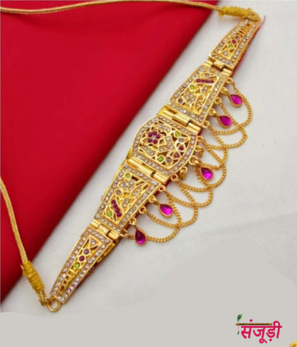 fancy rajasthani bajuband with pink and white stones 