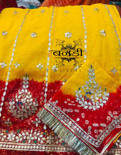 yellow and red peeliya poshak with gota patti work