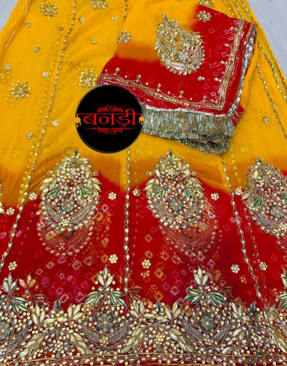 yellow and red rajasthani poshak with zardoji-kundan
