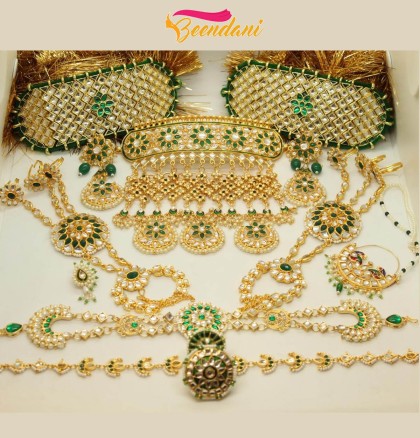 green kundan rajputi jewellery set