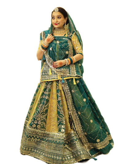 multicolor poshak in green and yellow with 7 meter gher lehanga